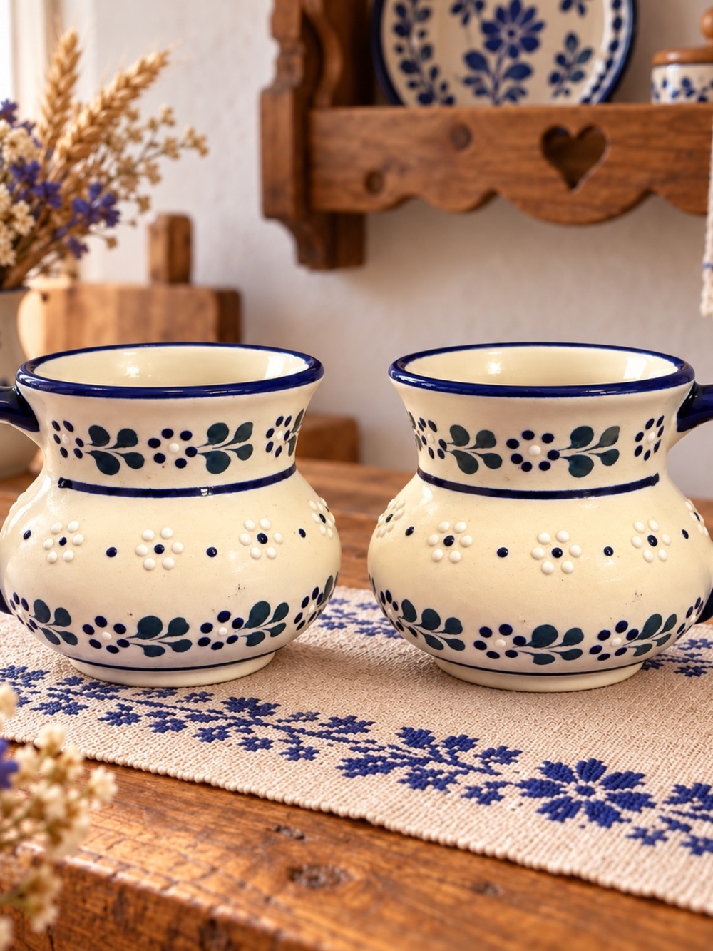 Pair Blue Floral Pot-Belly Mugs Polish Folk Pottery Style Unmarked